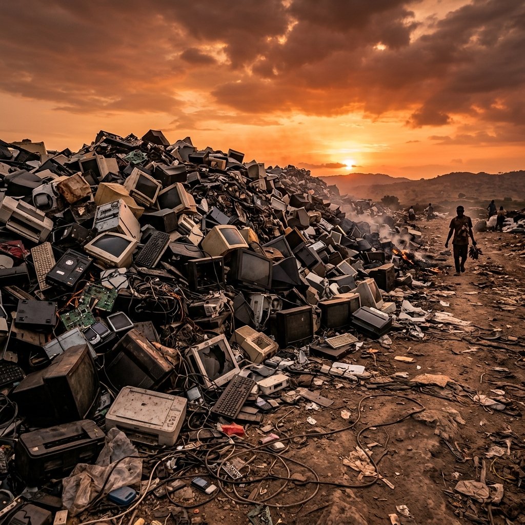 Massive mountain of discarded electronic waste at sunset