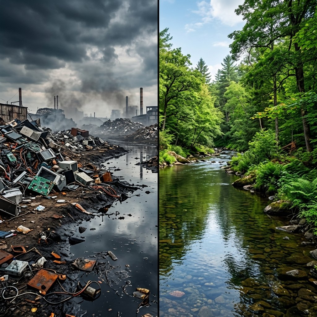 Environmental contrast: e-waste pollution vs. clean environment